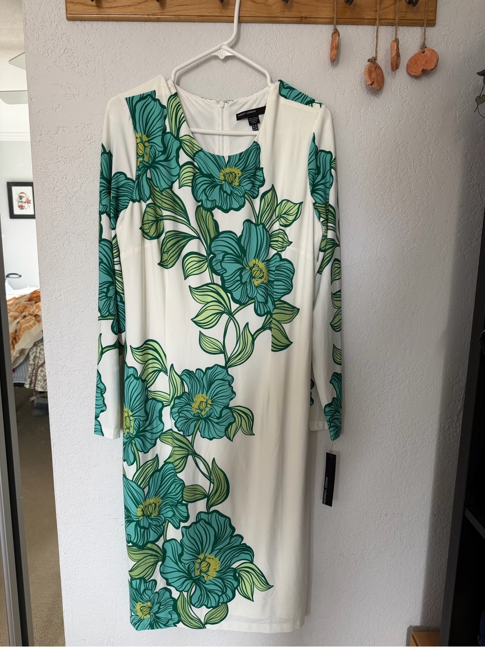Maggy London White Long-Sleeve Shift Dress with Teal and Green Floral Print